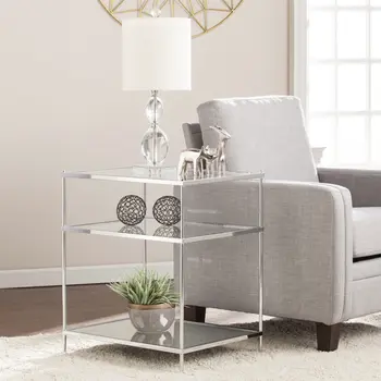 27" Silver Mirrored Glass And Iron End Table With Shelf