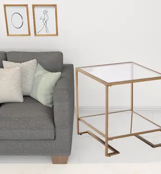 24" Gold Glass And Iron Square Mirrored End Table With Shelf