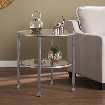 24" Silver And Clear Glass And Distressed Iron Round End Table With Shelf
