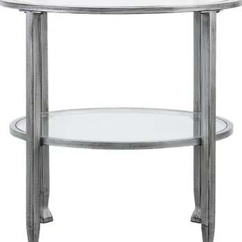 24" Silver And Clear Glass And Distressed Iron Round End Table With Shelf