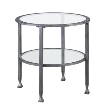 24" Silver And Clear Glass And Distressed Iron Round End Table With Shelf