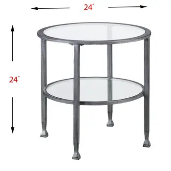 24" Silver And Clear Glass And Distressed Iron Round End Table With Shelf