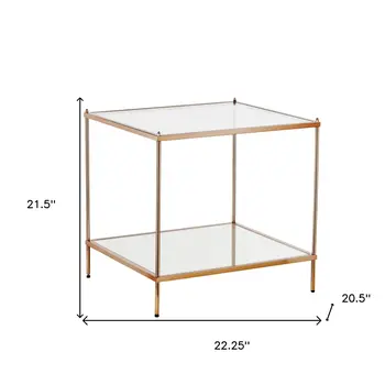 22" Clear And Gold Glass And Iron Square End Table With Shelf