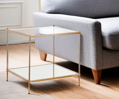 22" Clear And Gold Glass And Iron Square End Table With Shelf