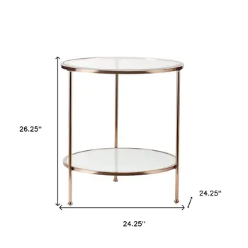 26" Gold Glass And Iron Round End Table With Shelf