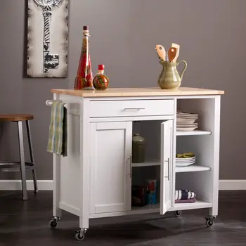 42" Natural and White Butcher Block and Iron Rolling Kitchen Cart With Storage