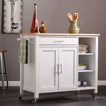 42" Natural and White Butcher Block and Iron Rolling Kitchen Cart With Storage