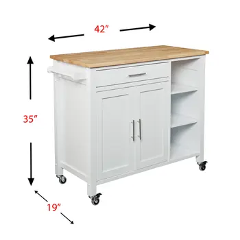 42" Natural and White Butcher Block and Iron Rolling Kitchen Cart With Storage