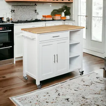 42" Natural and White Butcher Block and Iron Rolling Kitchen Cart With Storage
