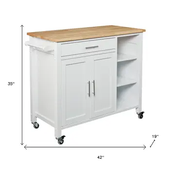42" Natural and White Butcher Block and Iron Rolling Kitchen Cart With Storage
