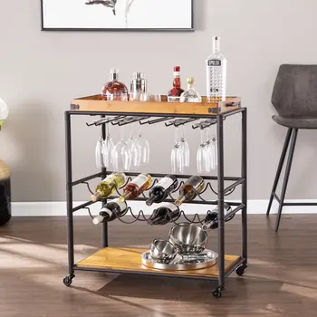 Brown and Black Metal And Solid Wood Rolling Bar Cart With Wine Storage