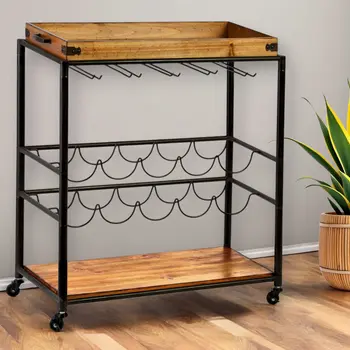 Brown and Black Metal And Solid Wood Rolling Bar Cart With Wine Storage