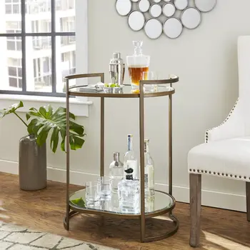 Gold and Silver Metal And Mirrored Glass Bar Cart