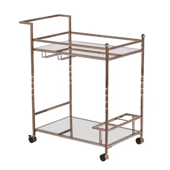 Champagne Metal And Mirrored Glass Rolling Bar Cart With Wine Storage