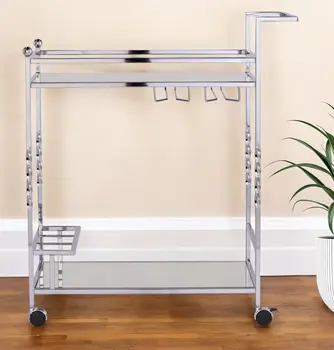 29" Silver Metal and Mirrored Glass Rolling Bar Cart With Wine Storage