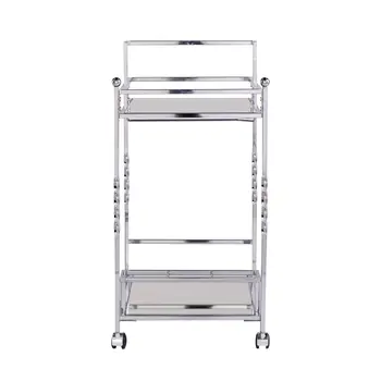 29" Silver Metal and Mirrored Glass Rolling Bar Cart With Wine Storage