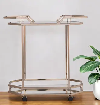 31" Champagne Iron and Mirrored Glass Octagonal Rolling Bar Cart