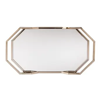 31" Champagne Iron and Mirrored Glass Octagonal Rolling Bar Cart