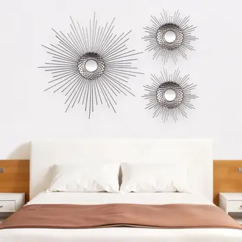 Set of Three Silver Metal Sunburst Round Wall Mirrors