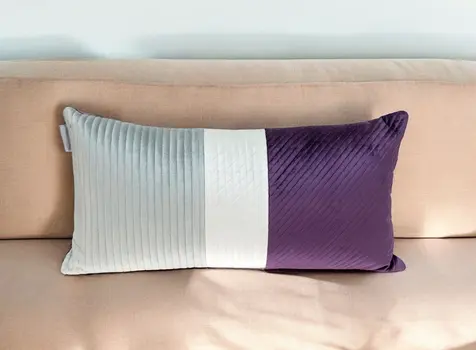 Silver and Purple Quilted Colorblock Velvet Lumbar Throw Pillow