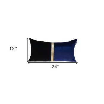 12" X 24" Black Blue and Gold Striped Velvet Throw Pillow