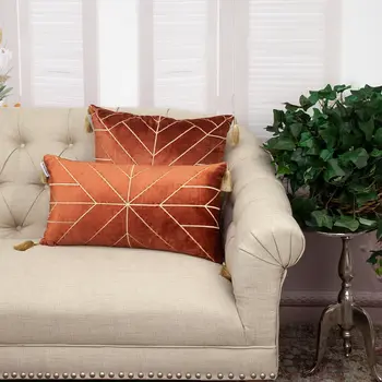 20" Burnt Orange And Gold Velvet Throw Pillow with Embroidery And Tassels