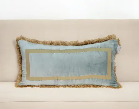 12" X 24" Gray and Gold Velvet Zippered Pillow With Fringe