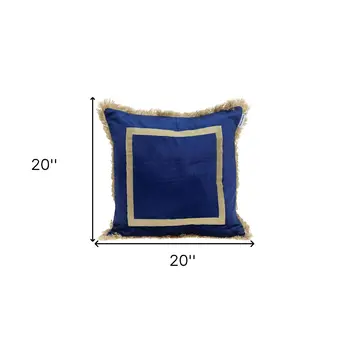 Boho Blue with Gold Fringe Decorative Square Throw Pillow