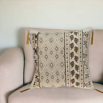 20" Beige Cotton Blend Throw Pillow