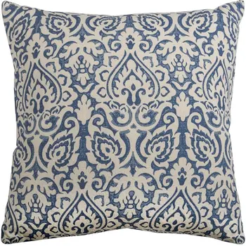 22" Blue And Natural Damask Cotton Throw Pillow