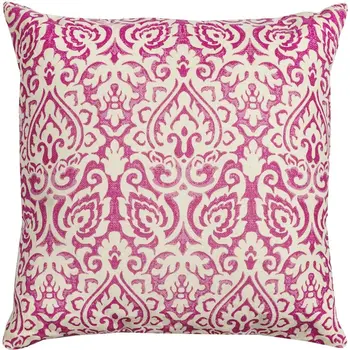 22" Pink and White Damask Cotton Throw Pillow