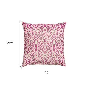22" Pink and White Damask Cotton Throw Pillow