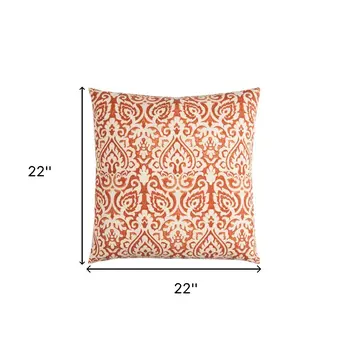 22" Orange and White Damask Cotton Throw Pillow