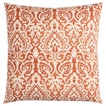 22" Orange and White Damask Cotton Throw Pillow