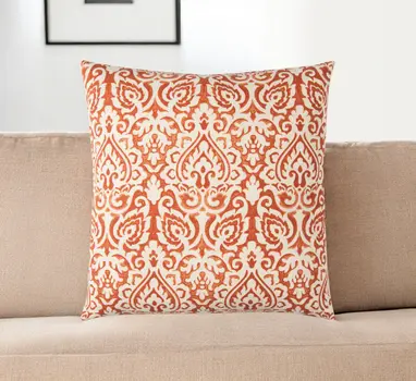 22" Orange and White Damask Cotton Throw Pillow
