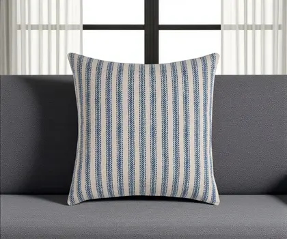 20" Blue And Natural Ticking Stripe Cotton Throw Pillow