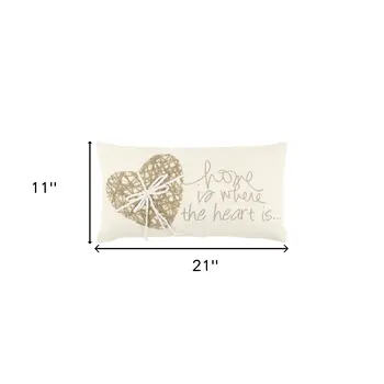 11" X 21" Ivory Home is Where the Heart Is Throw Pillow With Embroidery