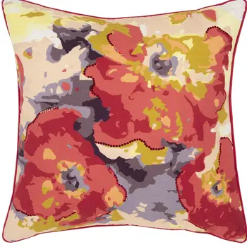 Red Gold Poppy Floral Throw Pillow