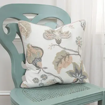 20" White and Tan Jacobean Floral Cotton Throw Pillow With Applique and Embroidery