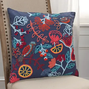 Dark Blue Jacobean Bloom Embroidered Throw Pillow
