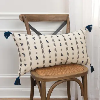 Blue Beige Tribal Inspired Tasseled Lumbar Pillow