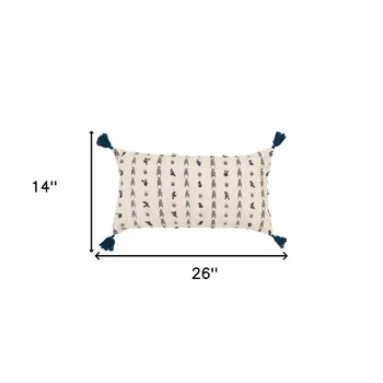 Blue Beige Tribal Inspired Tasseled Lumbar Pillow
