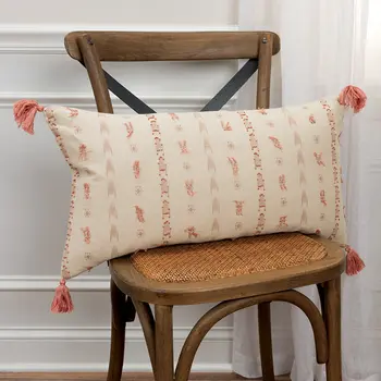 Blush Beige Tribal Inspired Tasseled Lumbar Pillow