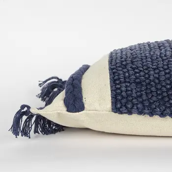 Blue Braided Stripe Macrame Fringe Lumbar Pillow