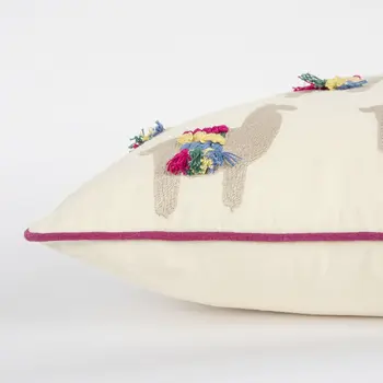 Ivory Fiesta Fun Embroidered Llamas Throw Pillow