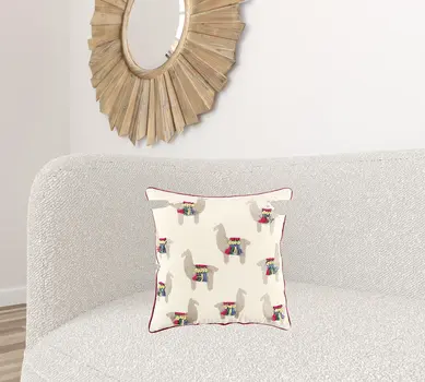 Ivory Fiesta Fun Embroidered Llamas Throw Pillow