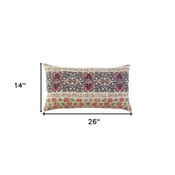 Red Beige Patterned Panel Lumbar Pillow