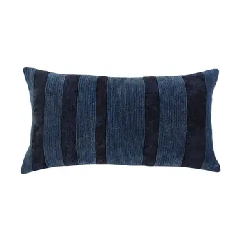 14" X 26" Navy Blue Lumbar Striped Cotton Throw Pillow