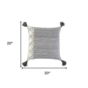 20" Gray and Ivory Herringbone Cotton Throw Pillow With Tassels