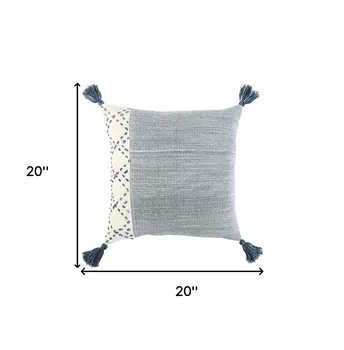 20" Blue and Ivory Herringbone Cotton Throw Pillow With Tassels